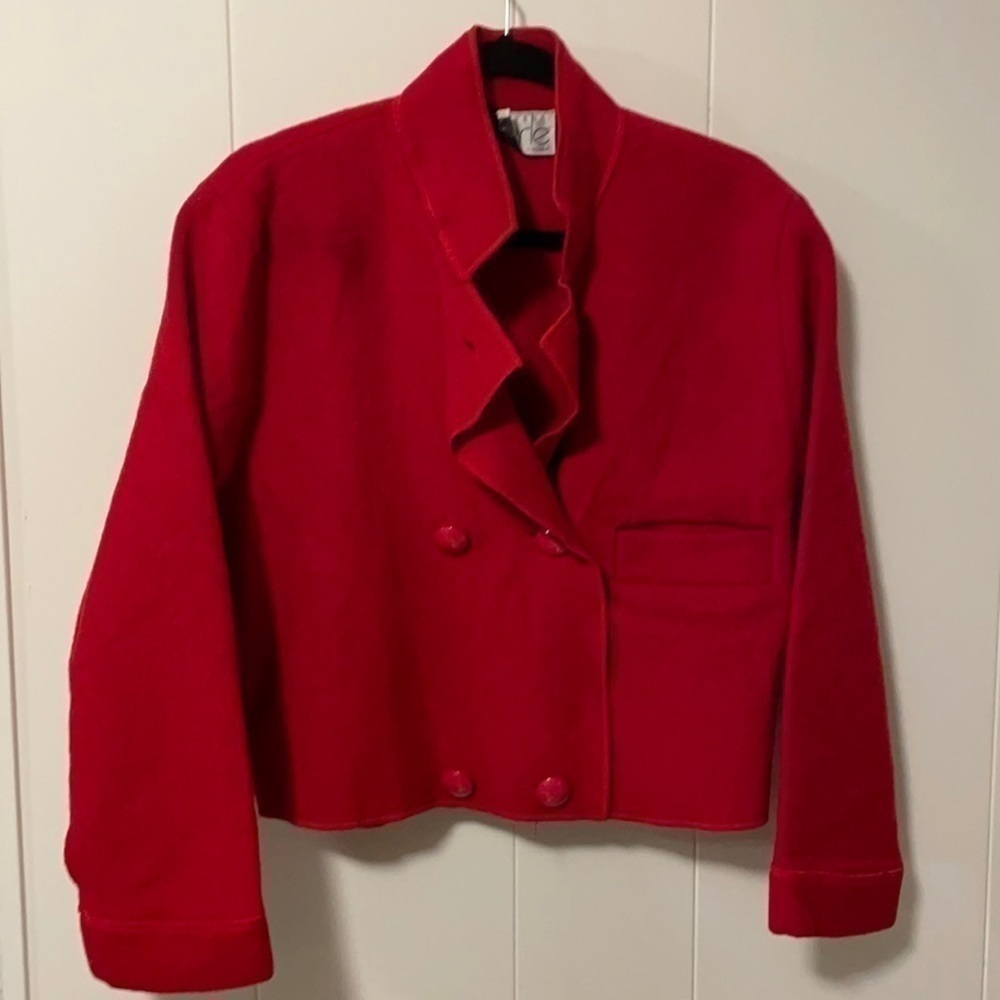 𝅺vintage MERLE RED Cropped Boiled 💯Wool Double Breasted Jacket Coat